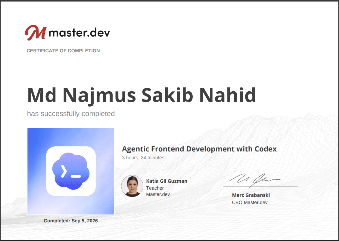 Agentic Frontend Development with Codex Certificate Preview